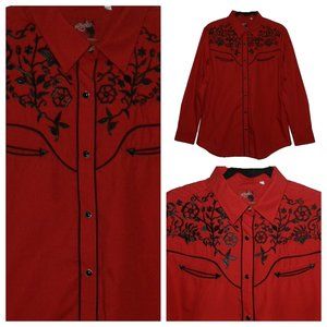 NWOT Rodeo Clothing Company Red Embroidered, Black Snap Western Riding Shirt